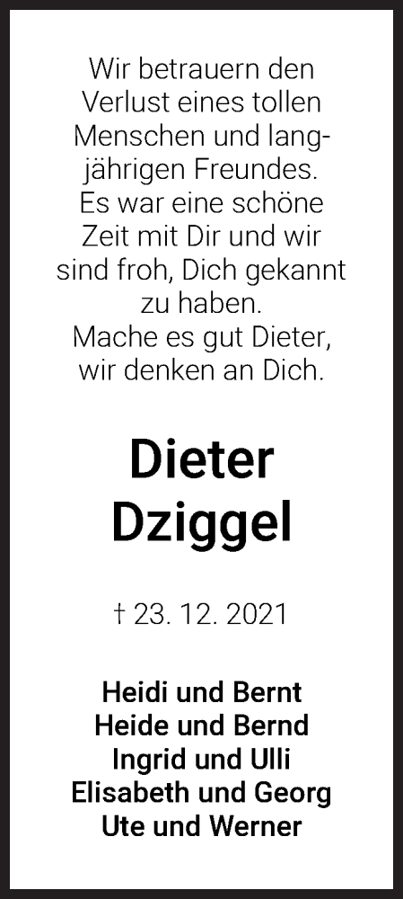 Traueranzeige von Dieter Dziggel von WESER-KURIER