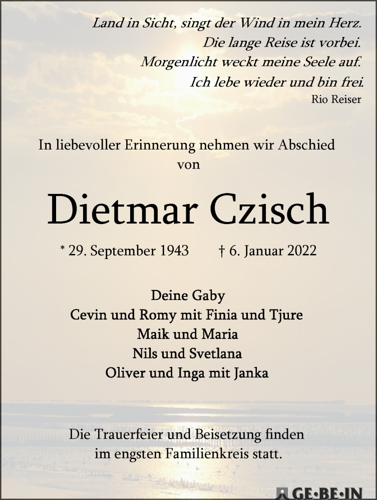 Traueranzeige von Dietmar Czisch von WESER-KURIER