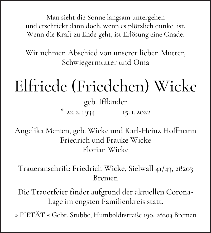 Traueranzeige von Elfriede (Friedchen) Wicke von WESER-KURIER