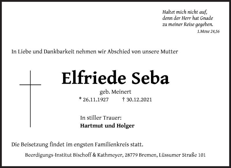 Traueranzeige von Elfriede Seba von Die Norddeutsche