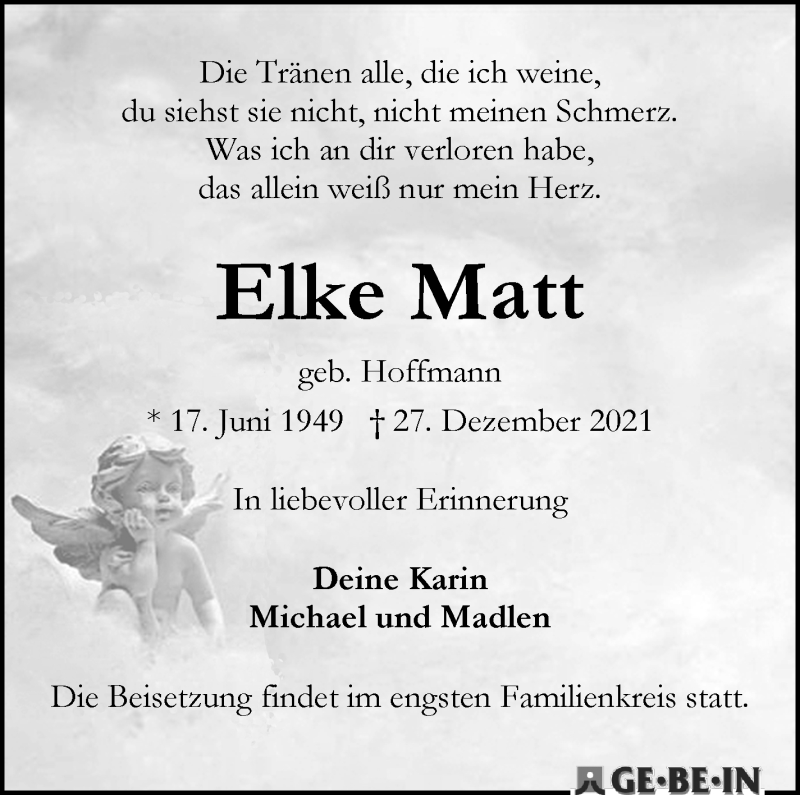 Traueranzeige von Elke Matt von WESER-KURIER