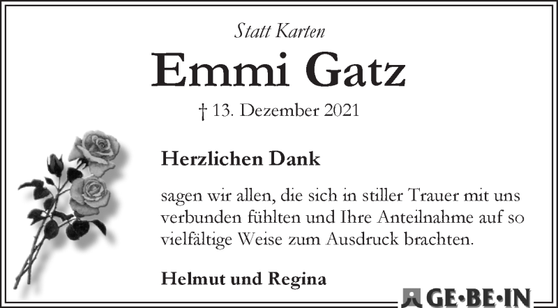 Traueranzeige von Emmi Gatz von WESER-KURIER