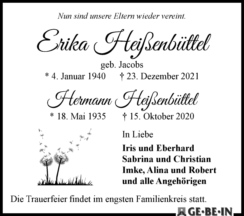 Traueranzeige von Erika und Hermann Heißenbüttel von WESER-KURIER