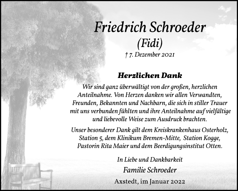 Traueranzeige von Friedrich Schroeder von Osterholzer Kreisblatt