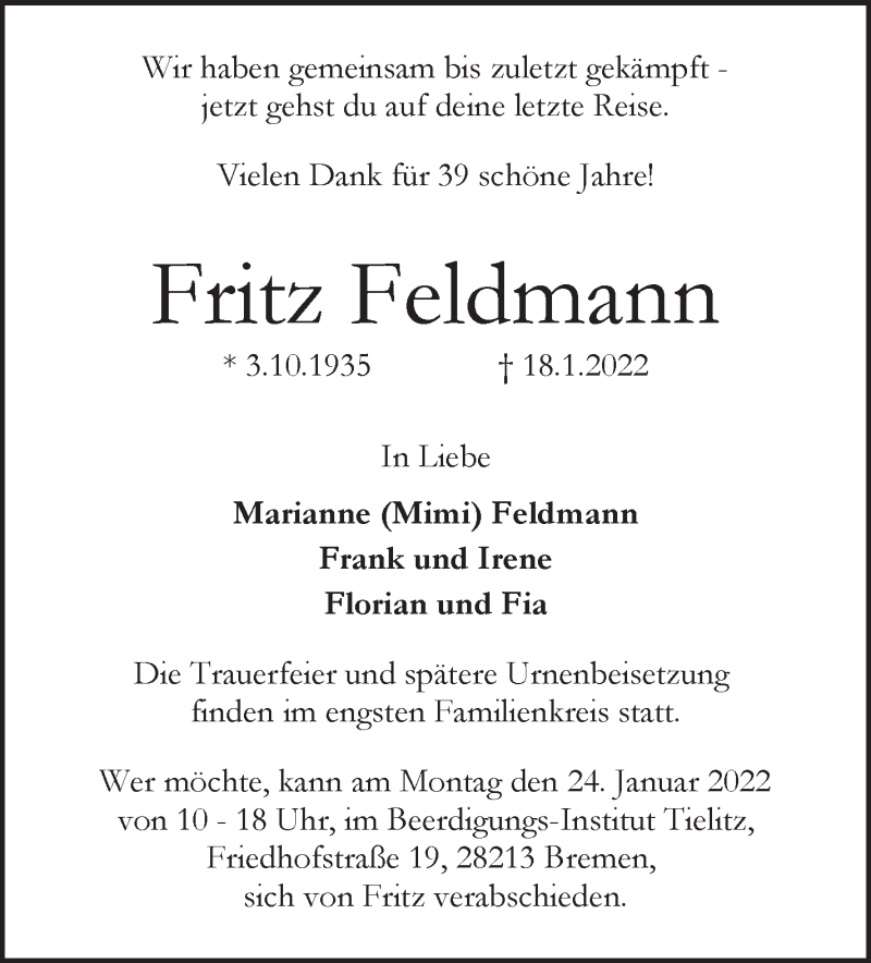 Traueranzeige von Fritz Feldmann von WESER-KURIER