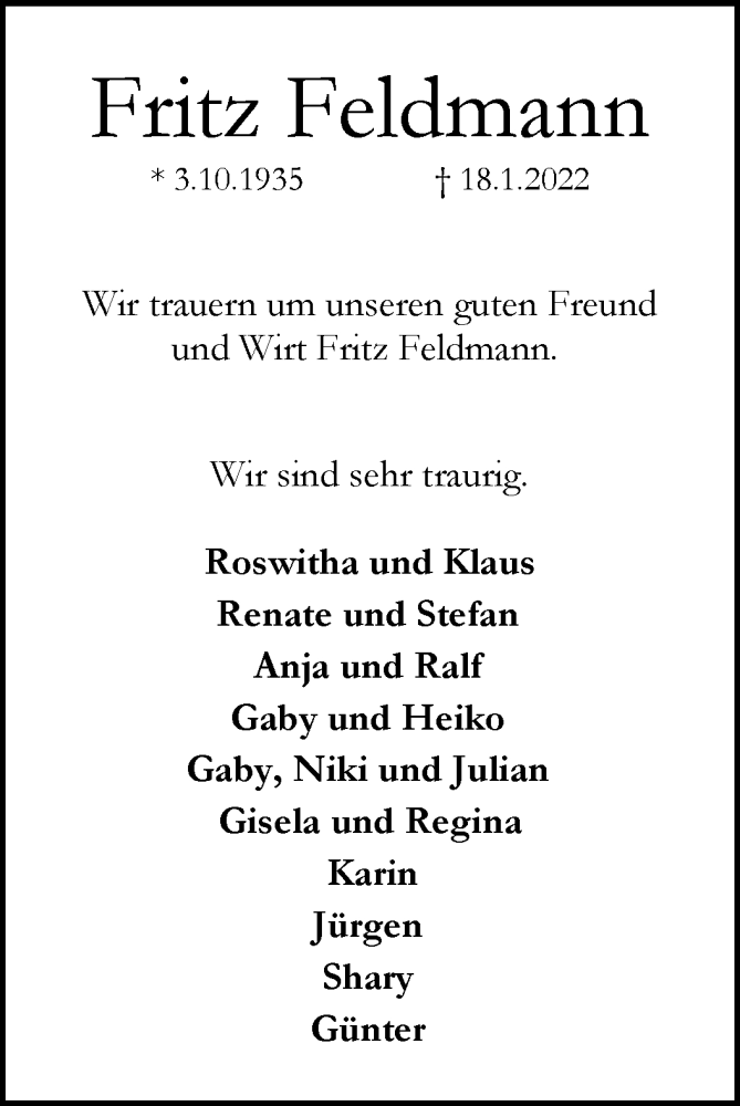 Traueranzeige von Fritz Feldmann von WESER-KURIER