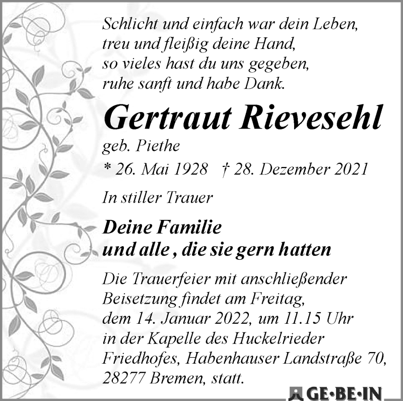 Traueranzeige von Gertraut Rievesehl von WESER-KURIER
