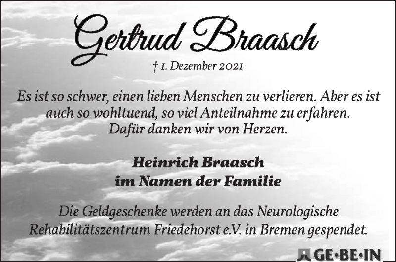 Traueranzeige von Gertrud Braasch von WESER-KURIER