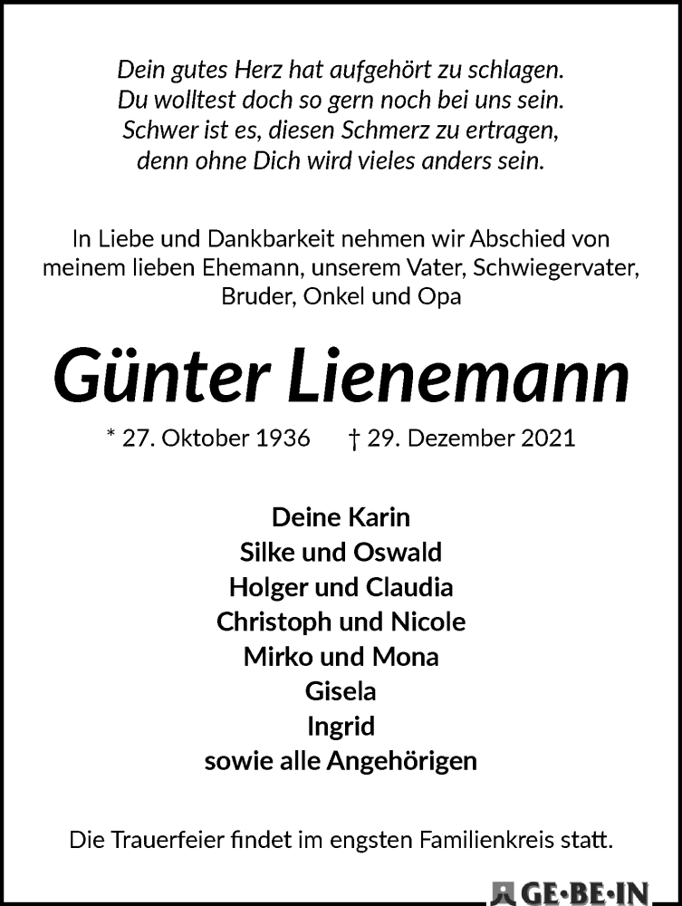 Traueranzeige von Günter Lienemann von WESER-KURIER