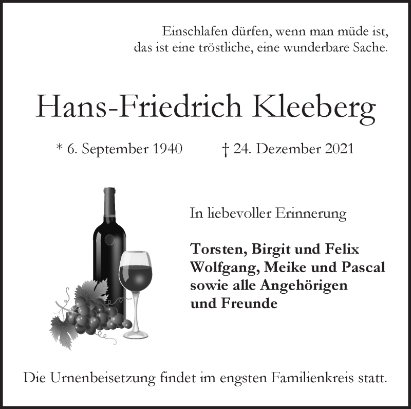 Traueranzeige von Hans-Friedrich Kleeberg von WESER-KURIER