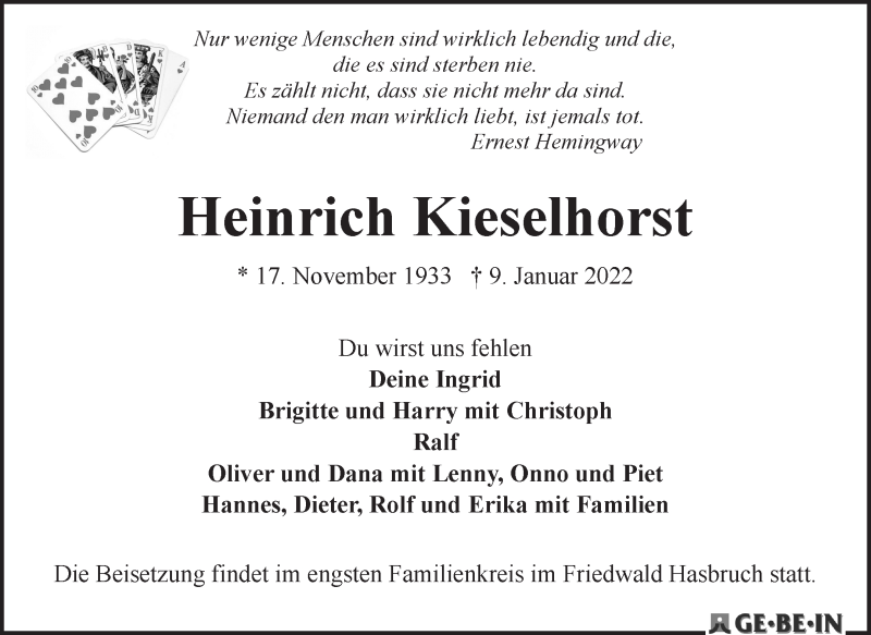 Traueranzeige von Heinrich Kieselhorst von WESER-KURIER