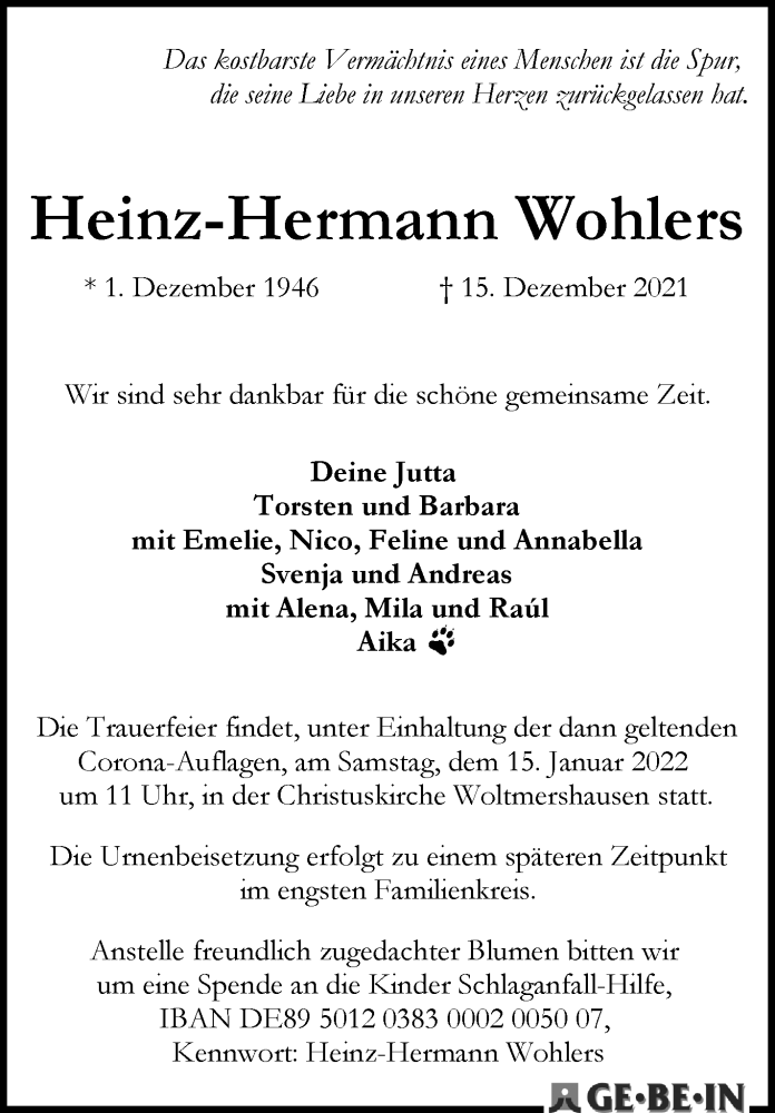 Traueranzeige von Heinz-Hermann Wohlers von WESER-KURIER