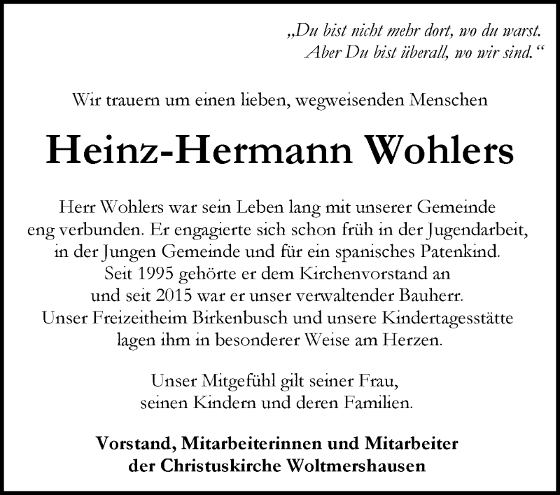 Traueranzeige von Heinz-Hermann Wohlers von WESER-KURIER