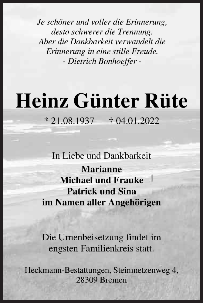 Traueranzeige von Heinz Günter Rüte von WESER-KURIER