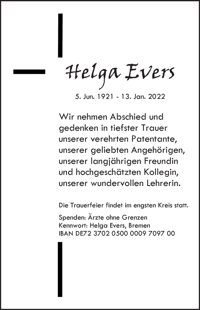 Traueranzeige von Helga Evers von WESER-KURIER