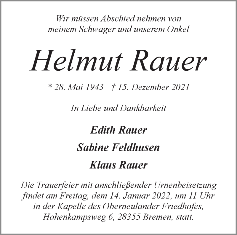 Traueranzeige von Helmut Rauer von WESER-KURIER