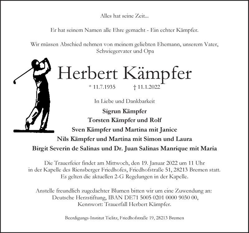 Traueranzeige von Herbert Kämpfer von WESER-KURIER