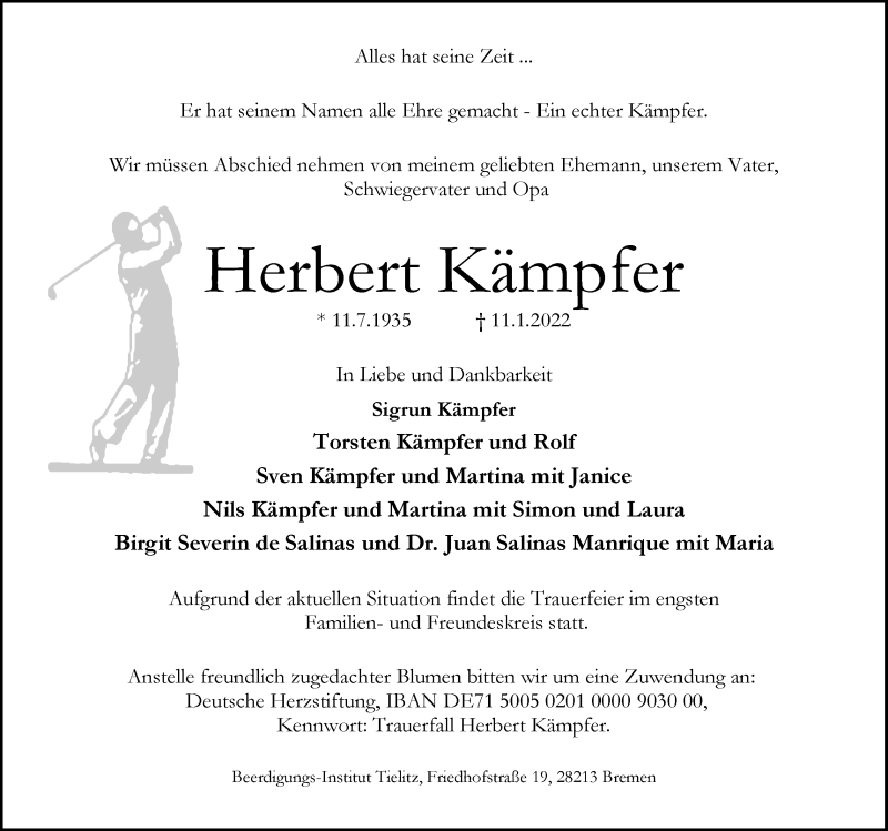 Traueranzeige von Herbert Kämpfer von WESER-KURIER
