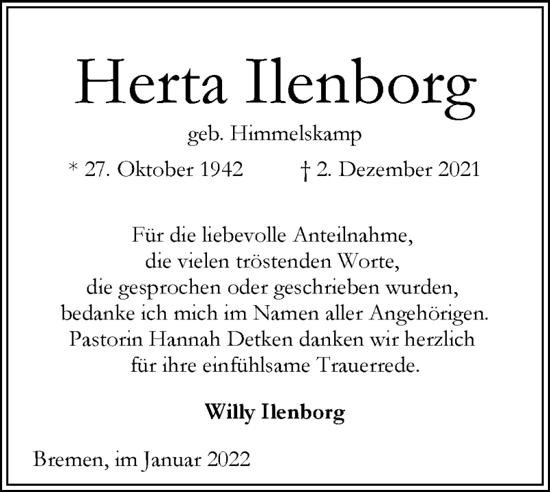 Traueranzeige von Herta Ilenborg von WESER-KURIER