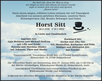 Traueranzeige von Horst Sitt von WESER-KURIER