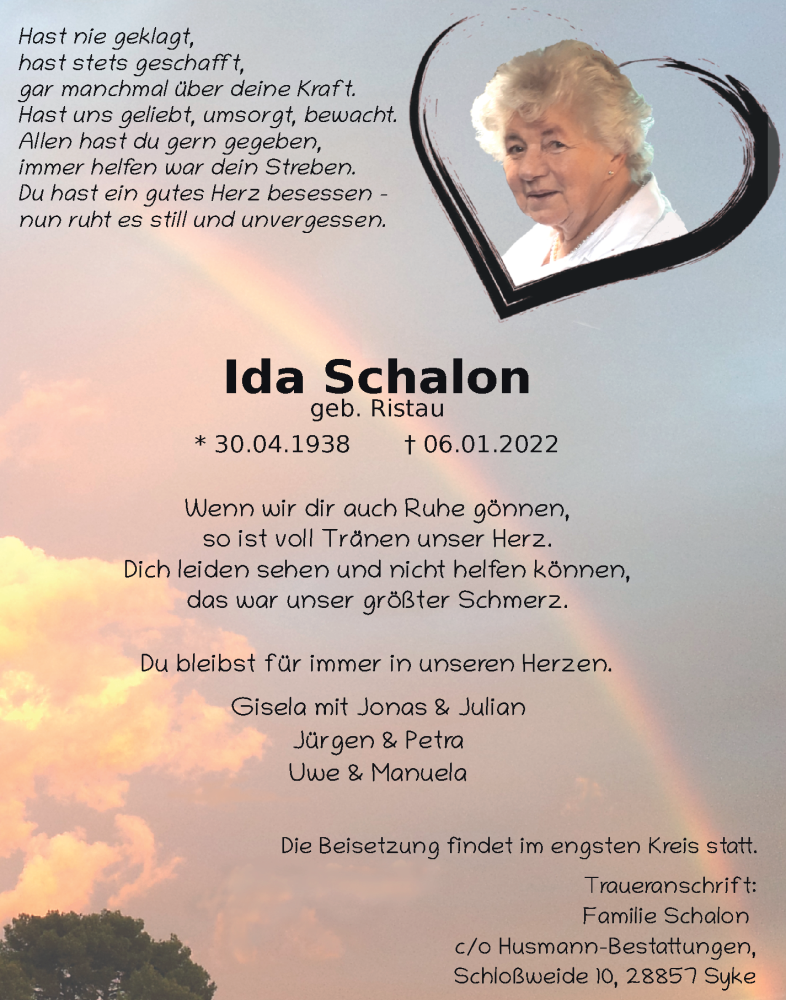 Traueranzeige von Ida Schalon von Regionale Rundschau/Syker Kurier