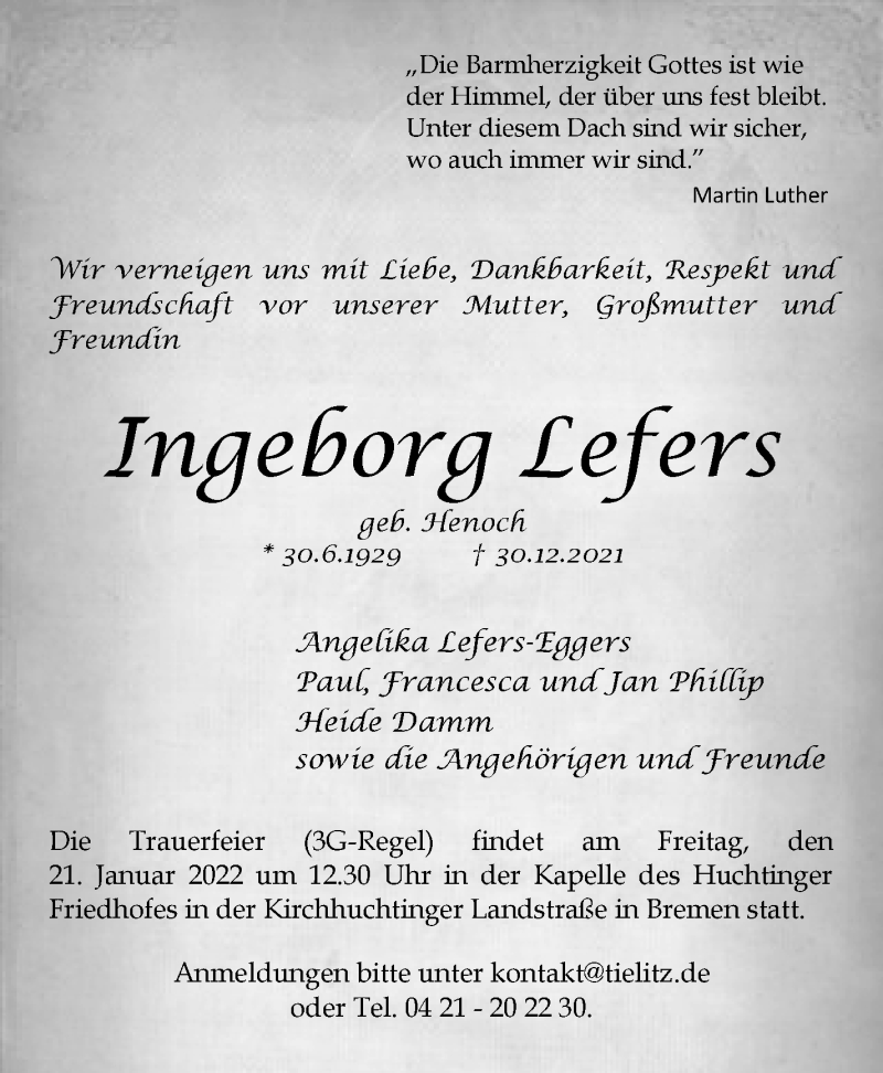 Traueranzeige von Ingeborg Lefers von WESER-KURIER