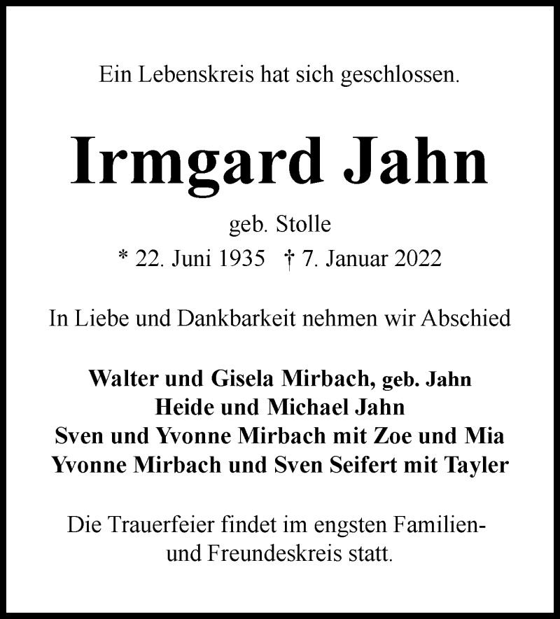 Traueranzeige von Irmgard Jahn von WESER-KURIER