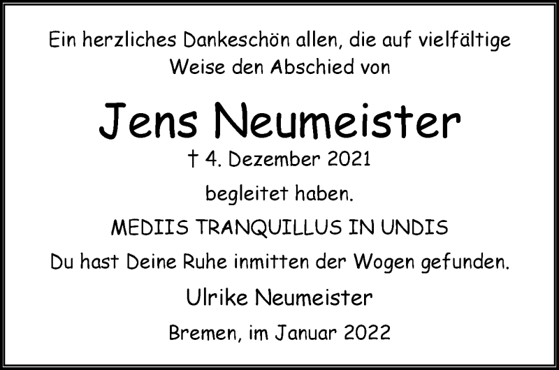 Traueranzeige von Jens Neumeister von WESER-KURIER