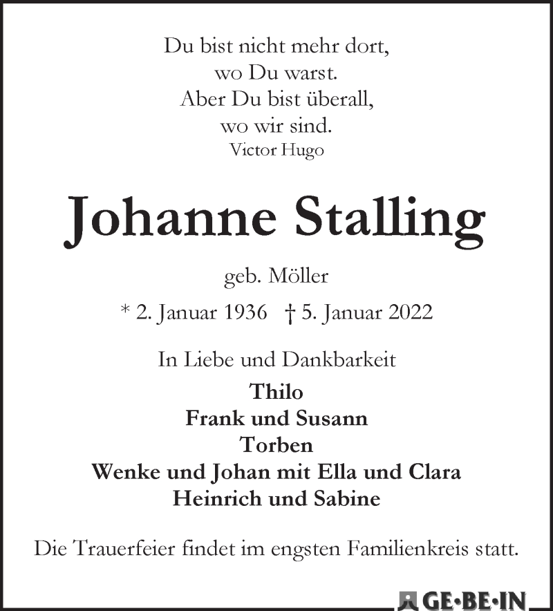 Traueranzeige von Johanne Stalling von WESER-KURIER
