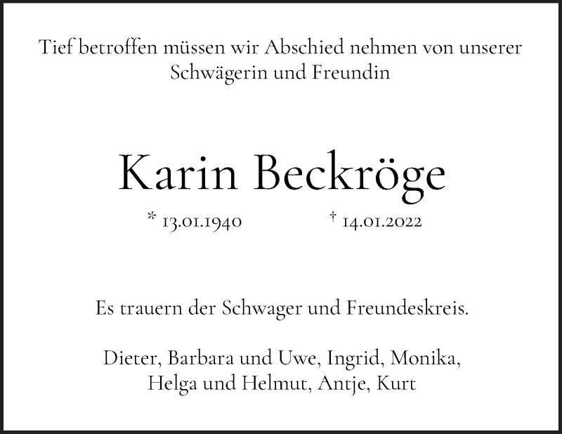 Traueranzeige von Karin Beckröde von WESER-KURIER