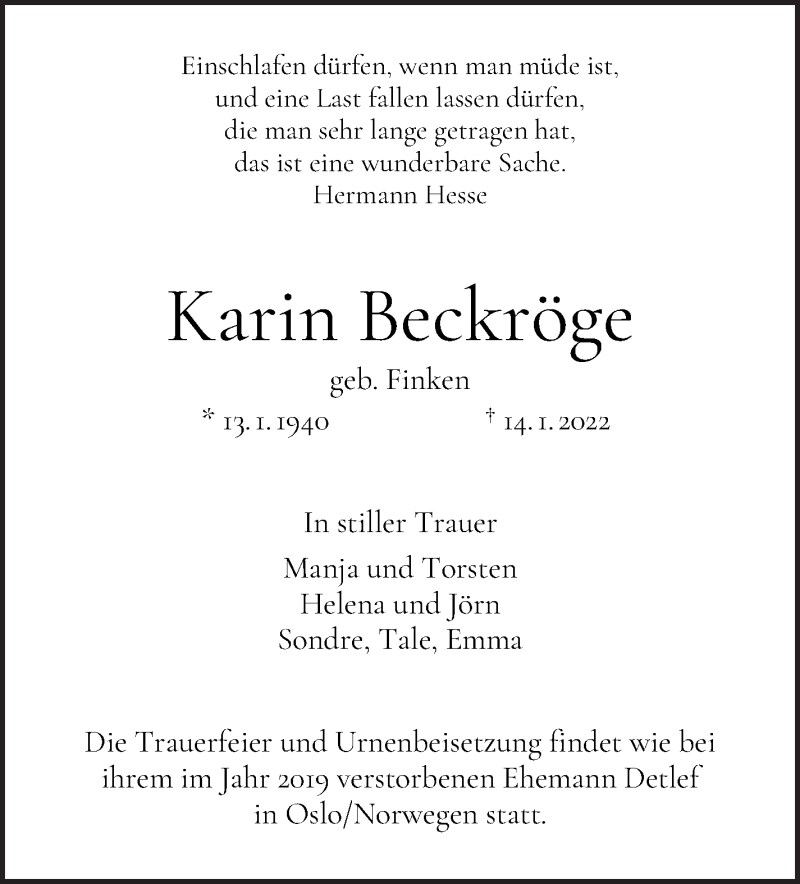 Traueranzeige von Karin Beckröde von WESER-KURIER