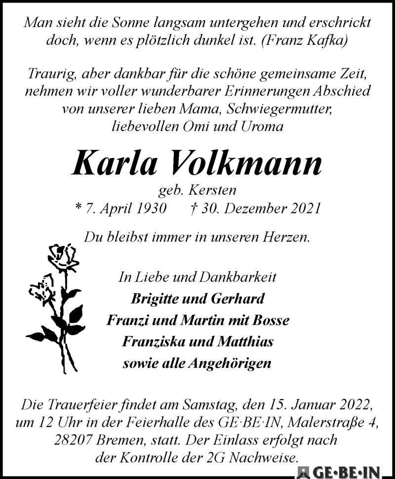 Traueranzeige von Karla Volkmann von WESER-KURIER