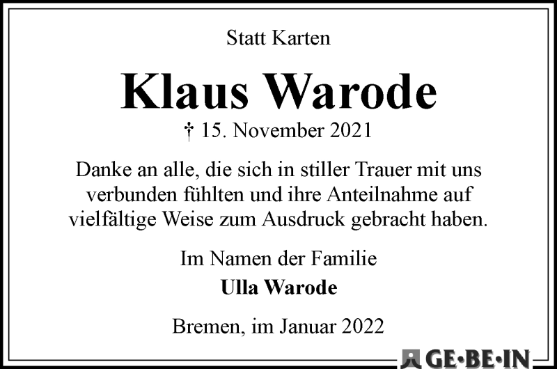 Traueranzeige von Klaus Warode von WESER-KURIER