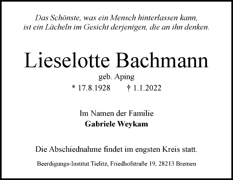 Traueranzeige von Lieselotte Bachmann von WESER-KURIER