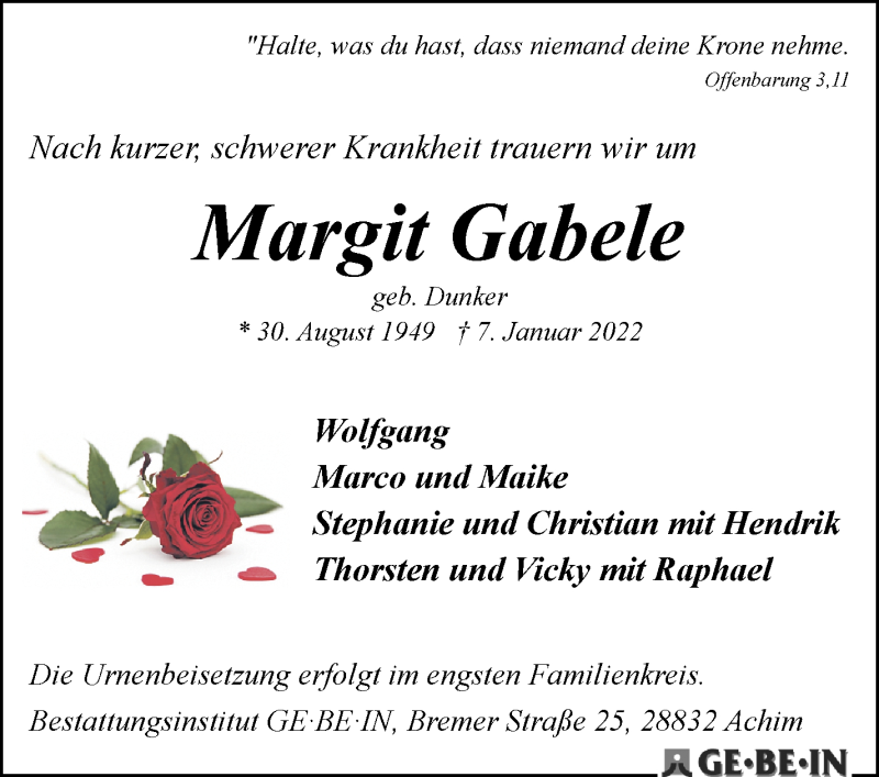 Traueranzeige von Margit Gabele von WESER-KURIER
