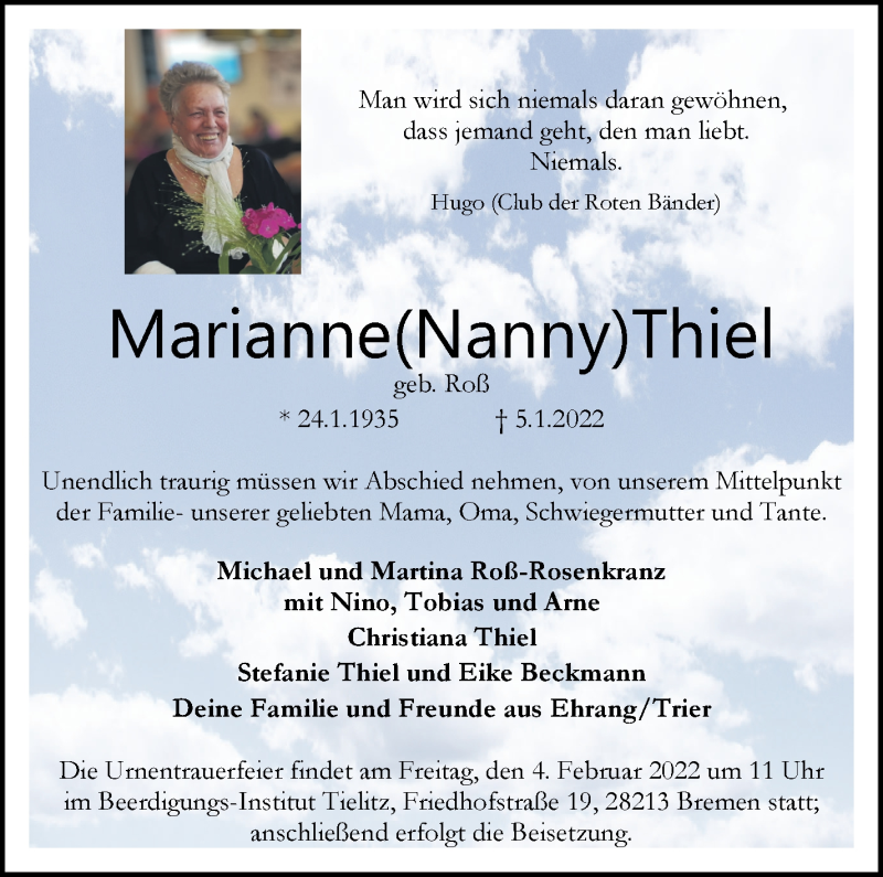 Traueranzeige von Marianne Thiel von WESER-KURIER