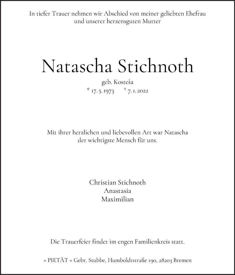 Traueranzeige von Natascha Stichnoth von WESER-KURIER