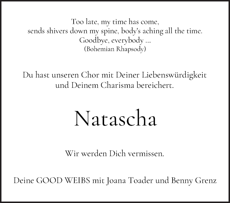 Traueranzeige von Natascha Stichnoth von WESER-KURIER
