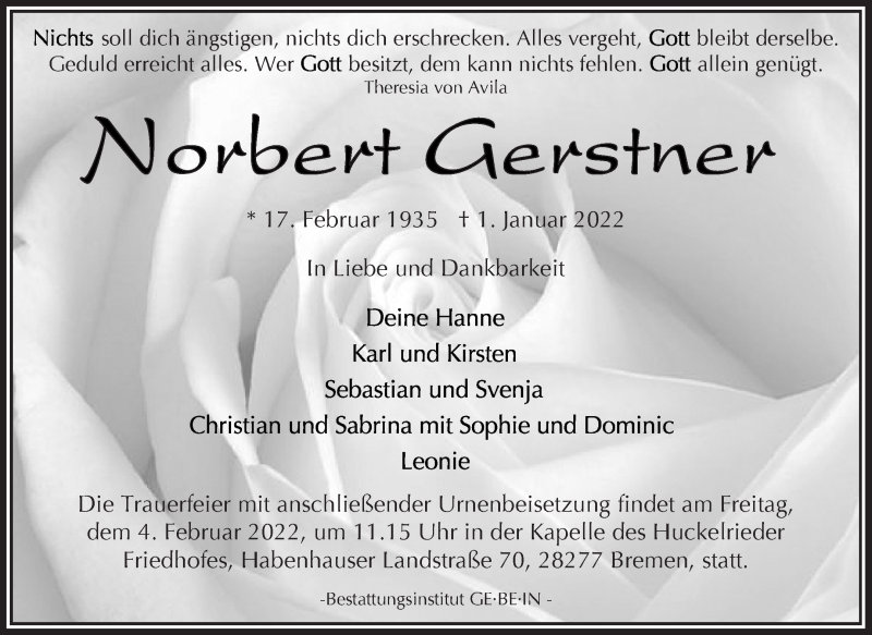 Traueranzeige von Norbert Gerstner von WESER-KURIER
