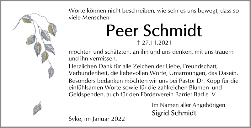 Traueranzeige von Peer Schmidt von Regionale Rundschau/Syker Kurier