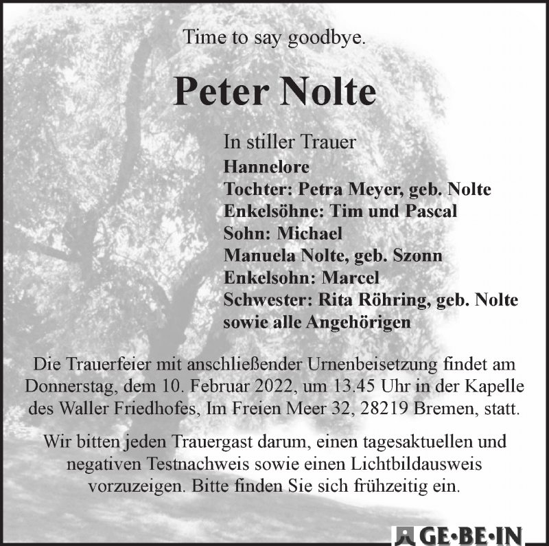Traueranzeige von Peter Nolte von WESER-KURIER