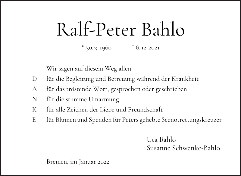 Traueranzeige von Ralf-Peter Bahlo von WESER-KURIER