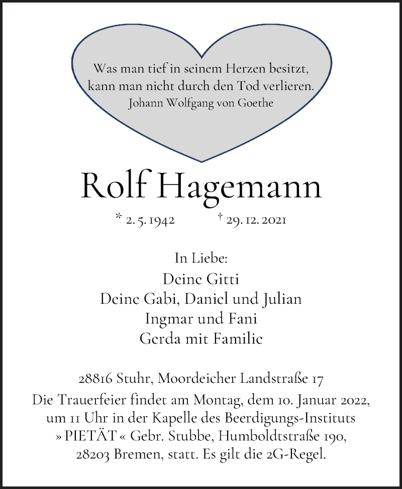 Traueranzeige von Rolf Hagemann von WESER-KURIER