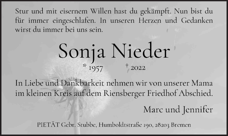 Traueranzeige von Sonja Nieder von WESER-KURIER