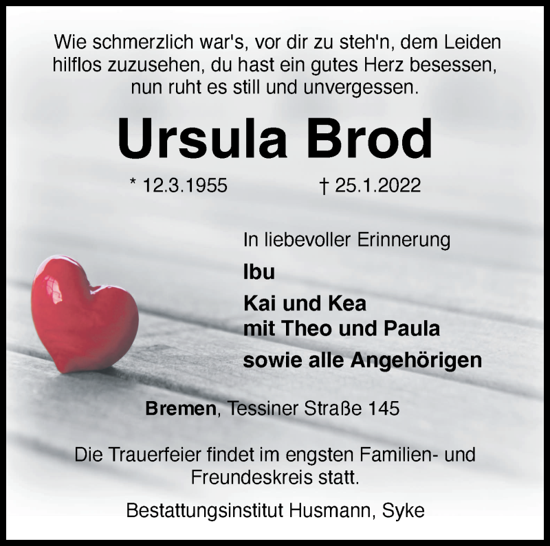 Traueranzeige von Ursula Brod von WESER-KURIER