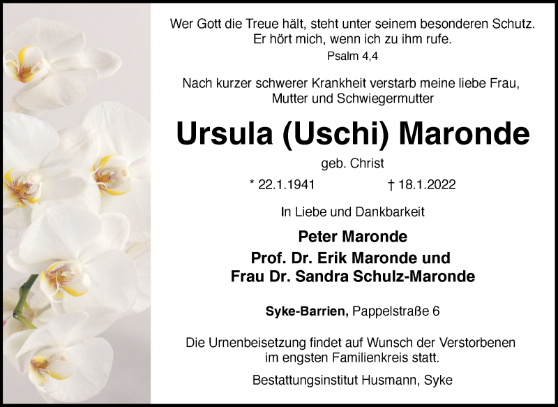 Traueranzeige von Ursula Maronde von Regionale Rundschau/Syker Kurier