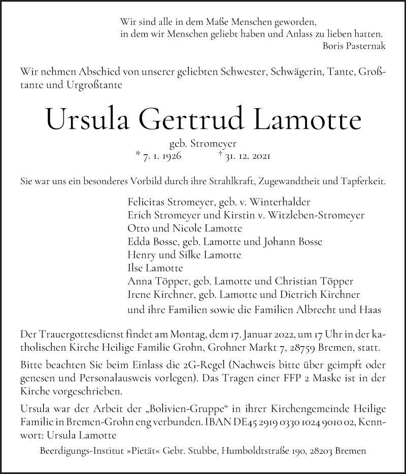 Traueranzeige von Ursula Gertrud Lamotte von WESER-KURIER