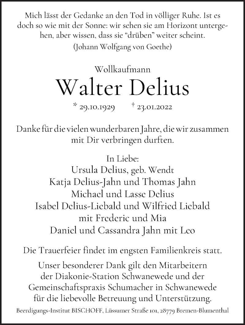 Traueranzeige von Walter Delius von WESER-KURIER