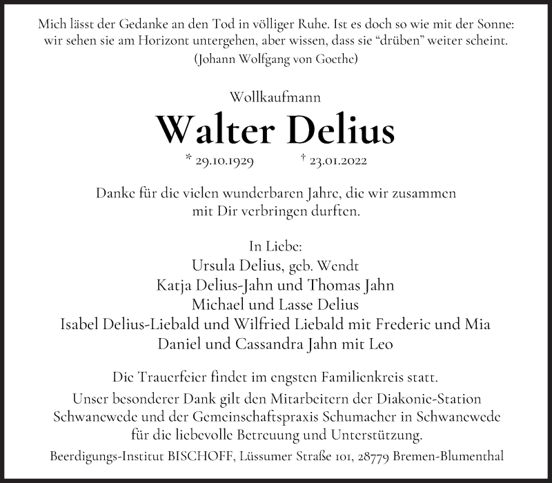 Traueranzeige von Walter Delius von Die Norddeutsche