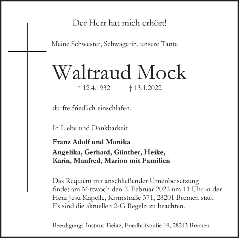 Traueranzeige von Waltraud Mock von WESER-KURIER